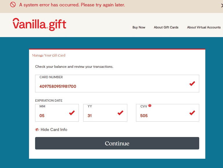 Vanilla Gift Card Error